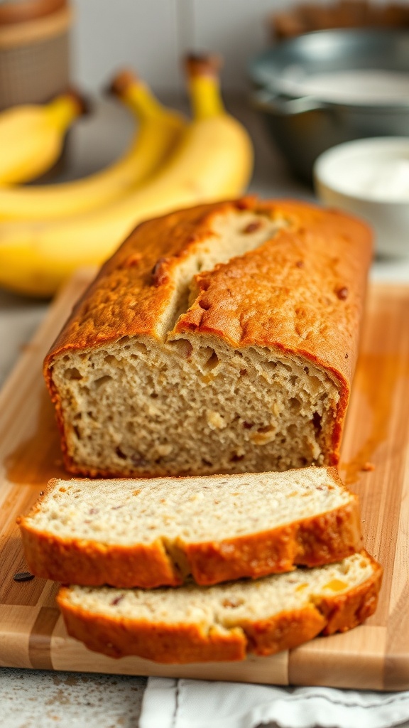 A loaf of banana bread sliced on a cutting board, with ripe bananas in the background.